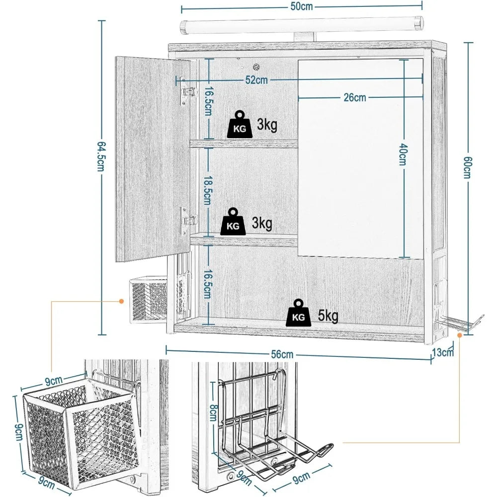 Espejo de baño con armario y luz LED