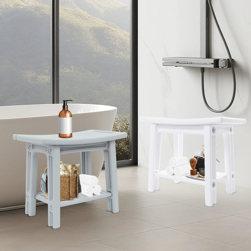 Banco de ducha con estante