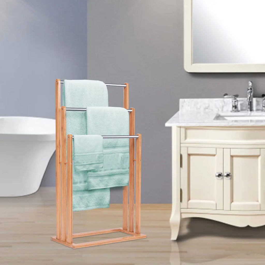 Toallero de pie de bambú y acero