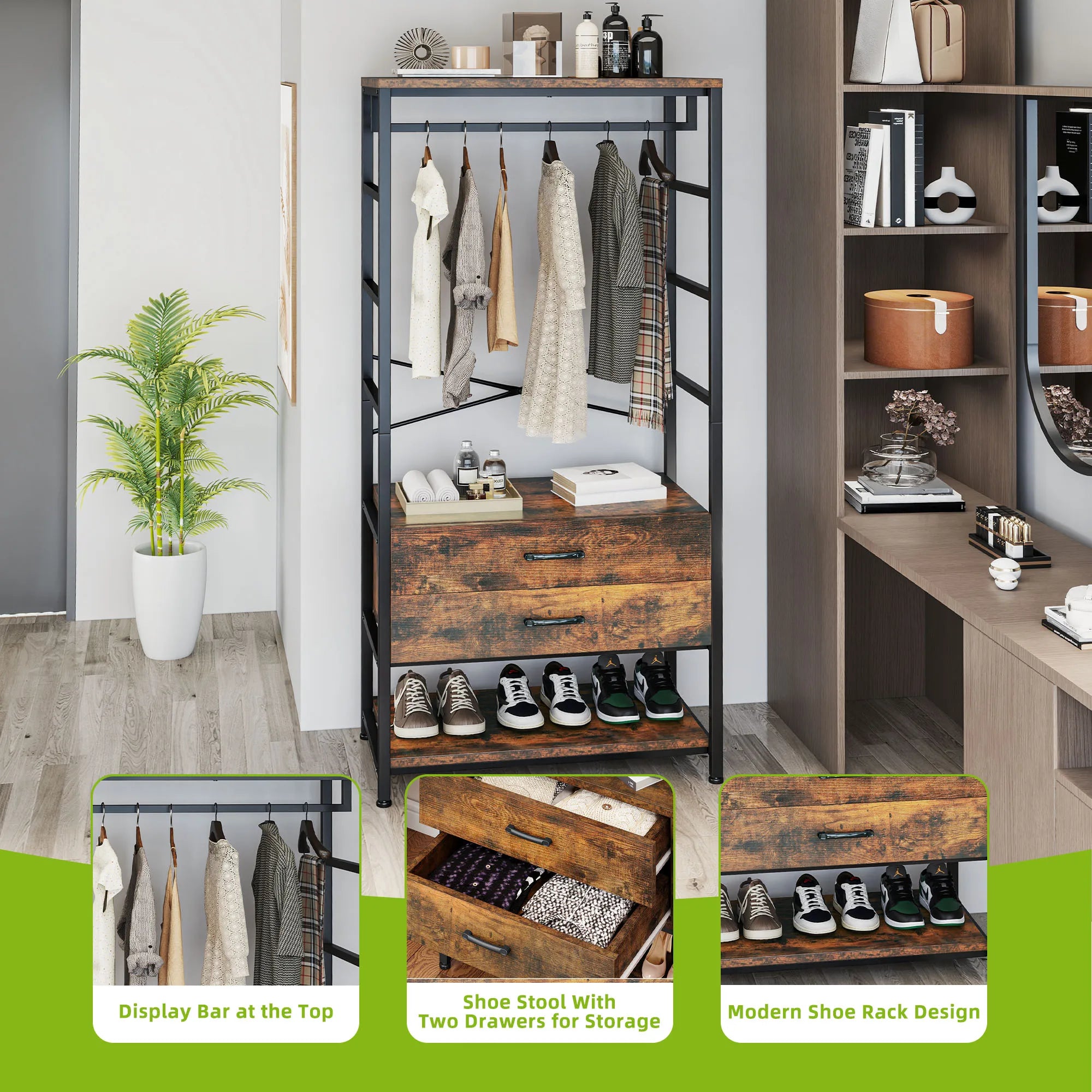 Perchero industrial con zapatero y cajones