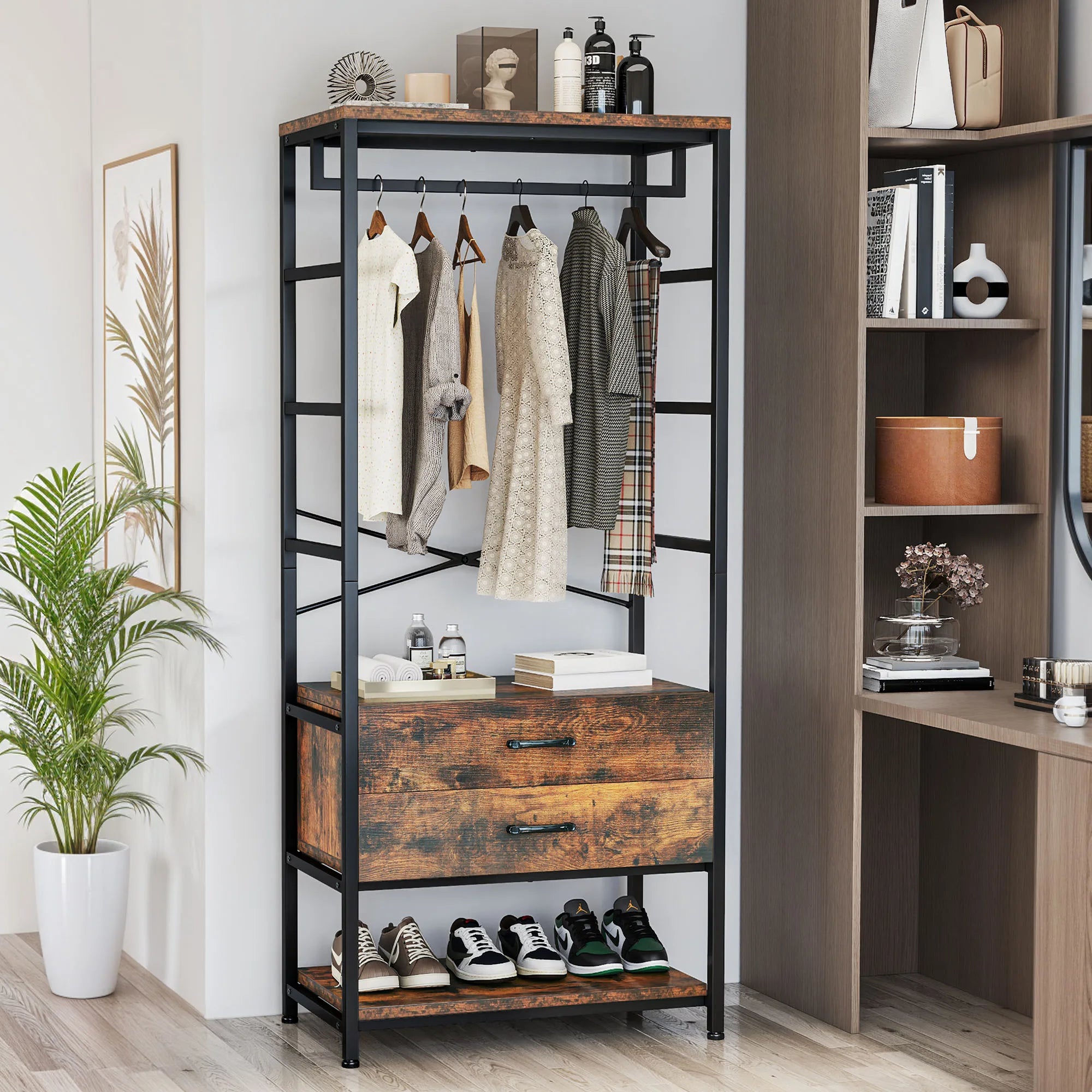 Perchero industrial con zapatero y cajones