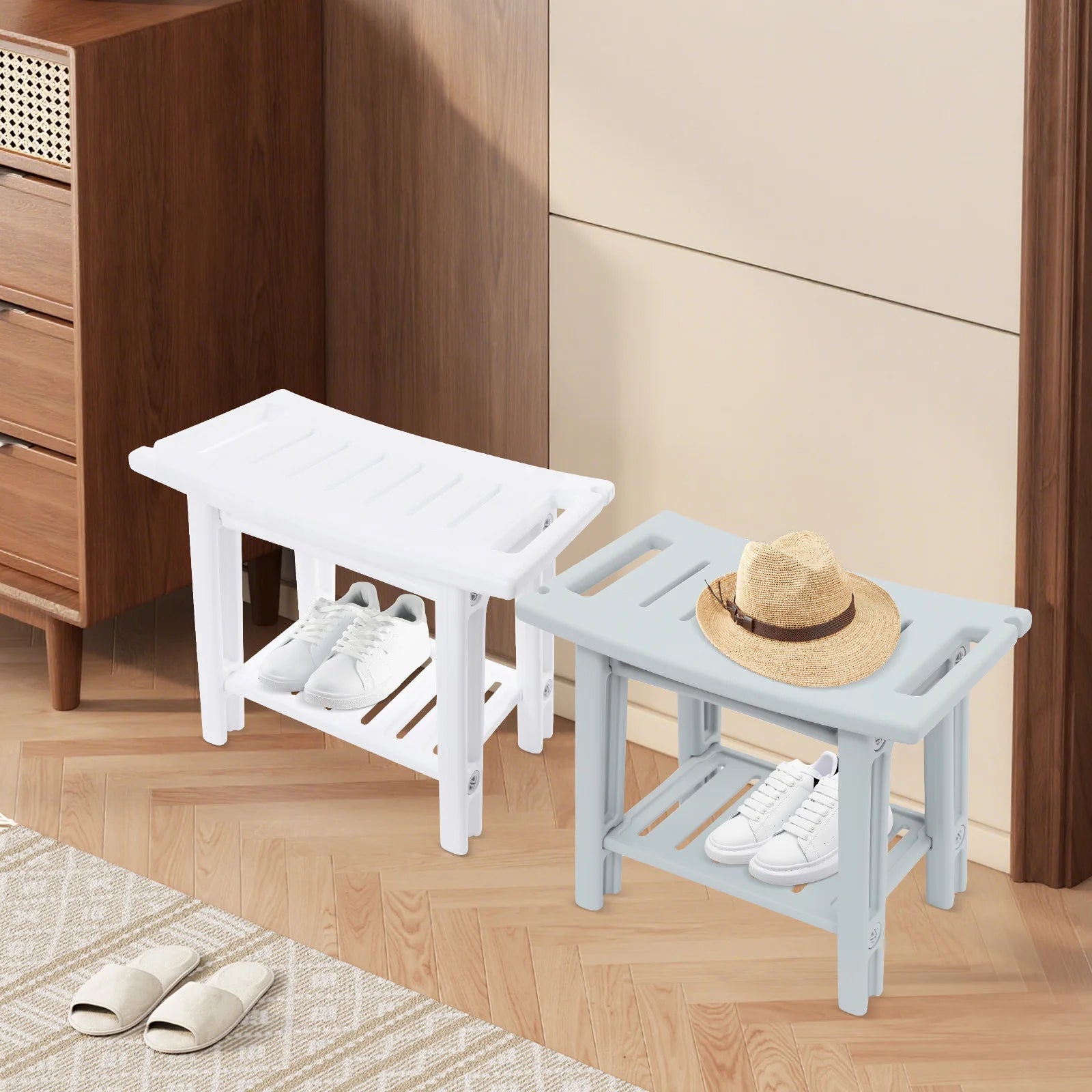 Banco de ducha con estante