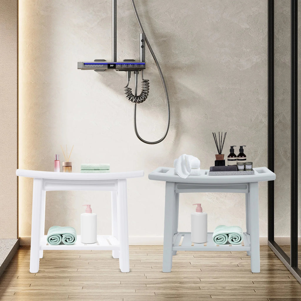 Banco de ducha con estante