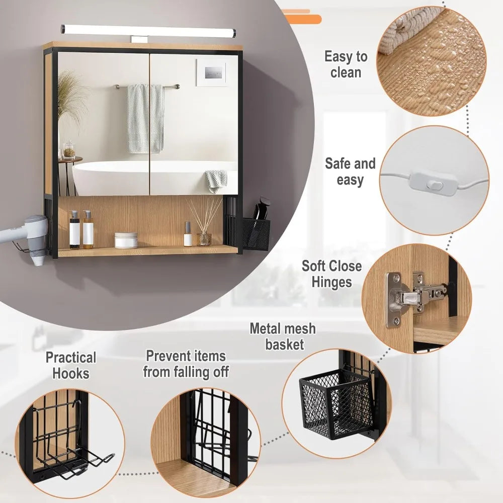 Espejo de baño con armario y luz LED